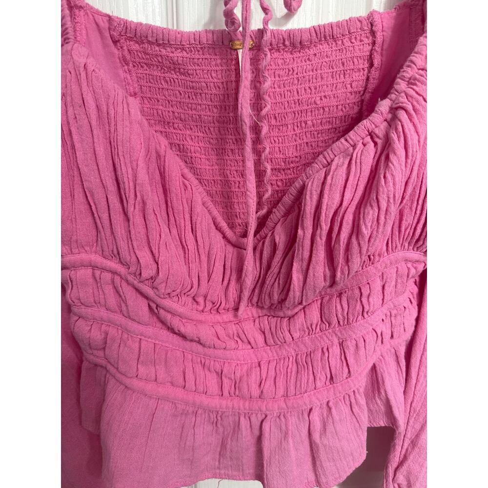 Free People Chole Cropped Top Blouse Ruffle Puffed Sleeves Smocked Pink Medium - Picture 3 of 10